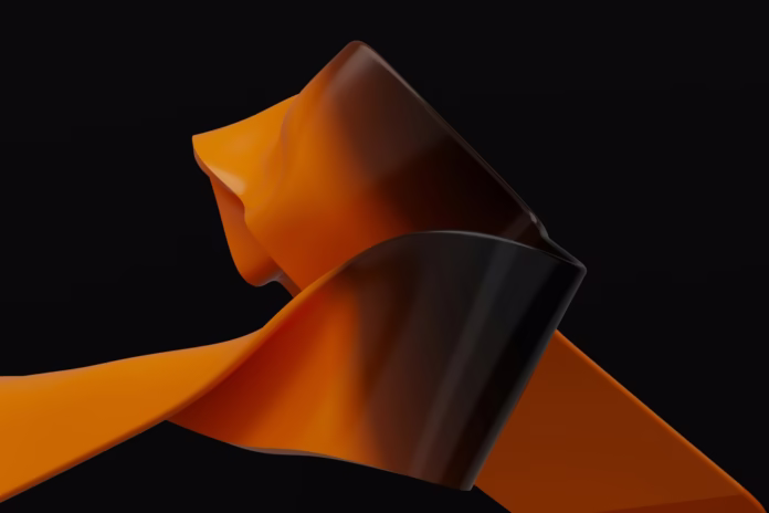 Orange and black ribbons float in a dark space.